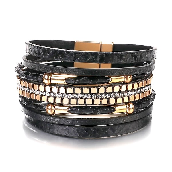 Black and gold snakeskin leather cuff bracelet for women