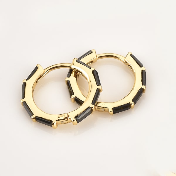 Black gold baguette-cut crystal hoop earrings detail