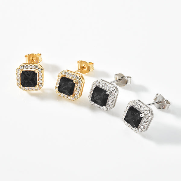 Black and gold square halo stud earrings details