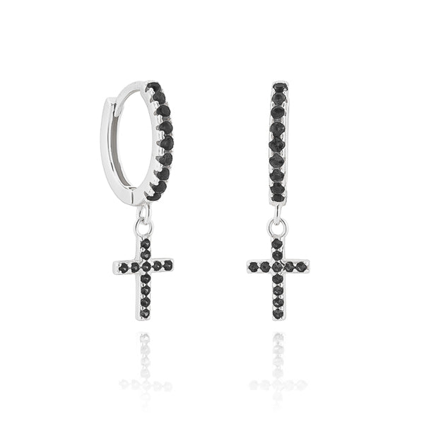 Silver cross huggie hoop earrings with black crystals