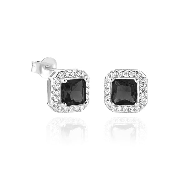 Black and silver square halo stud earrings