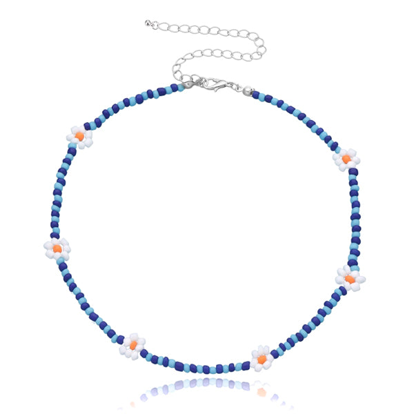 Blue beaded flower choker necklace