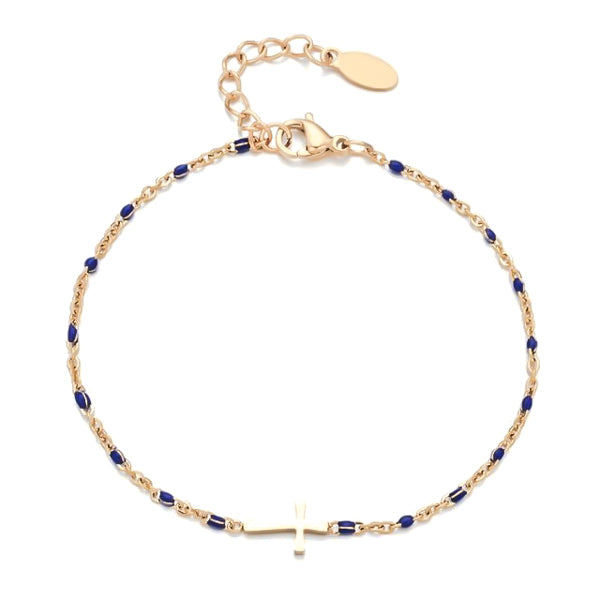 Gold cross bracelet with blue beads