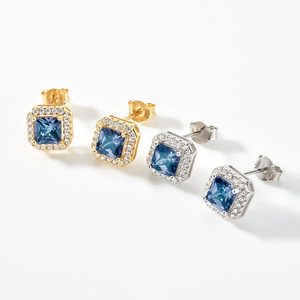 Blue and gold square halo stud earrings details