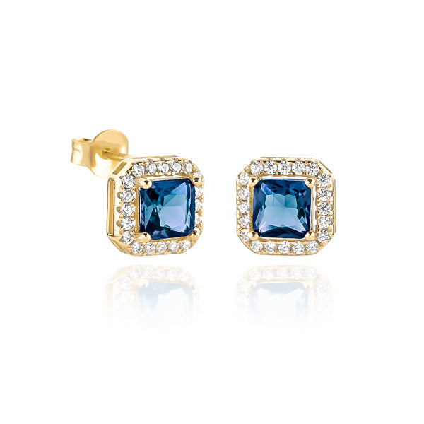 Blue and gold square halo stud earrings
