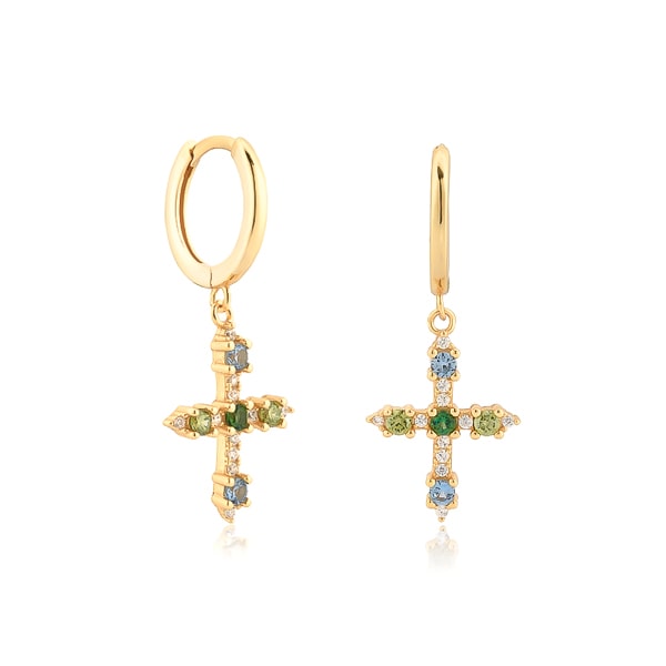 Blue green crystal cross huggie hoop earrings