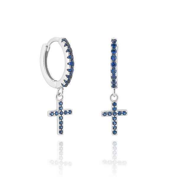 Silver cross huggie hoop earrings with blue crystals