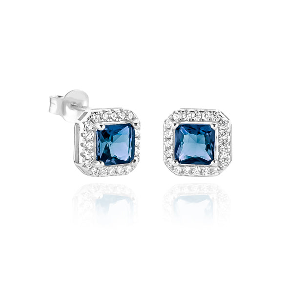 Blue and silver square halo stud earrings