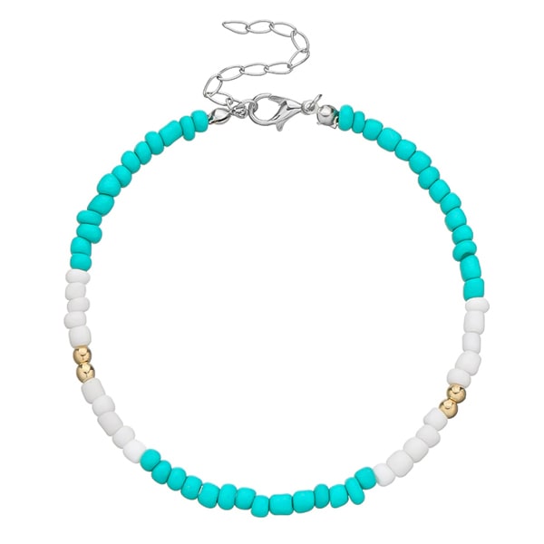 Blue and white handmade beaded anklet with gold details