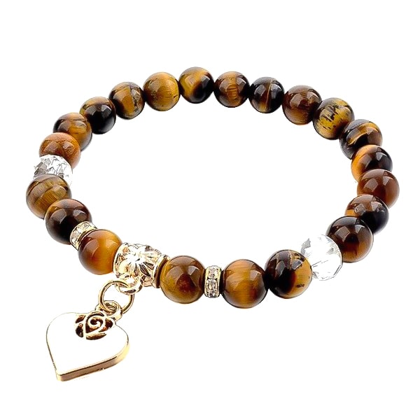 Beaded brown tiger eye bracelet with a gold heart charm