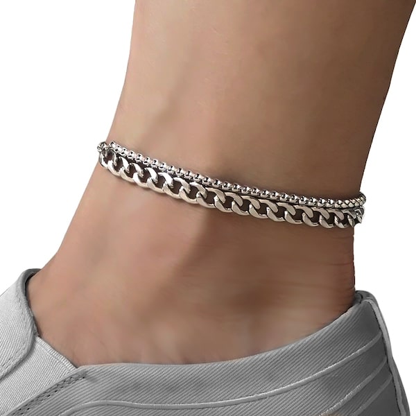 Two-layer silver cuban link and box chain ankle bracelet made of stainless steel