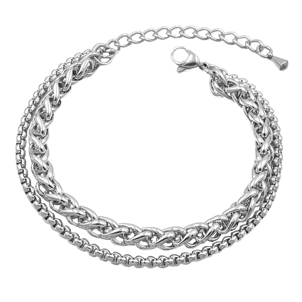 Two-layer silver wheat and box chain anklet made of stainless steel
