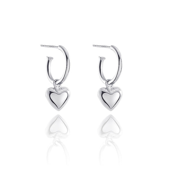 Chunky silver dangle heart hoop earrings