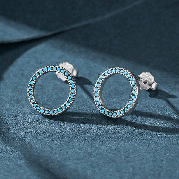 Circle stud earrings made of turquoise stone and sterling silver