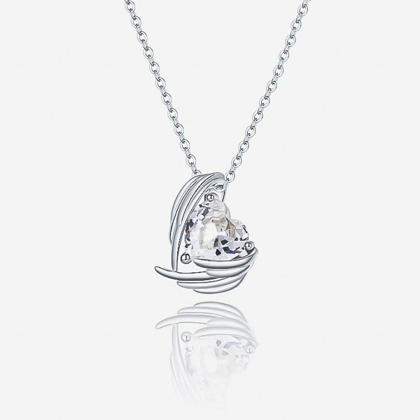 Clear white crystal heart and angel wings pendant hanging from a silver chain details