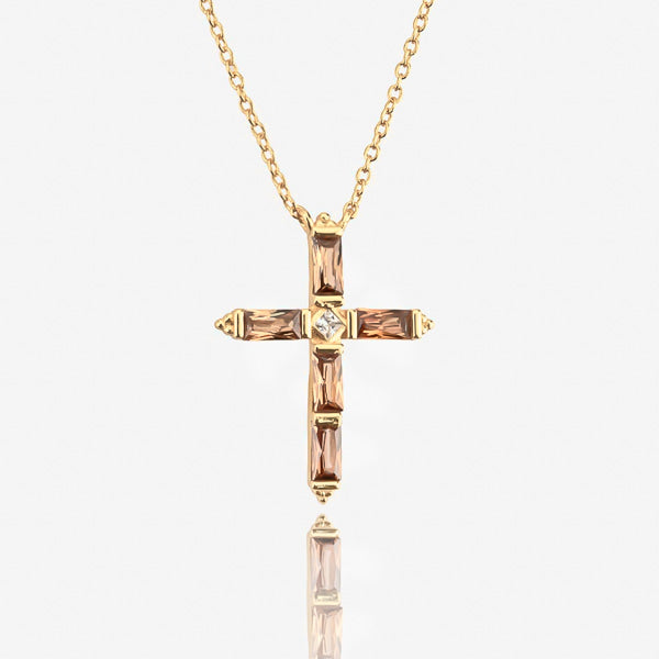 Cognac crystal cross on a gold necklace details