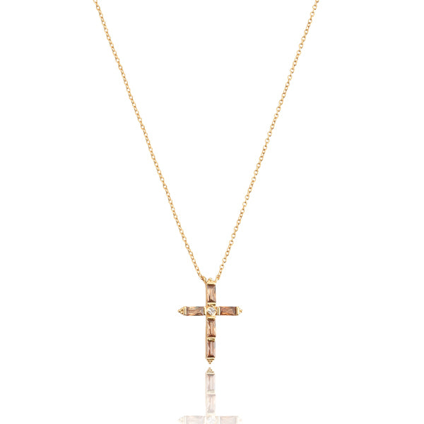 Cognac crystal cross on a gold necklace