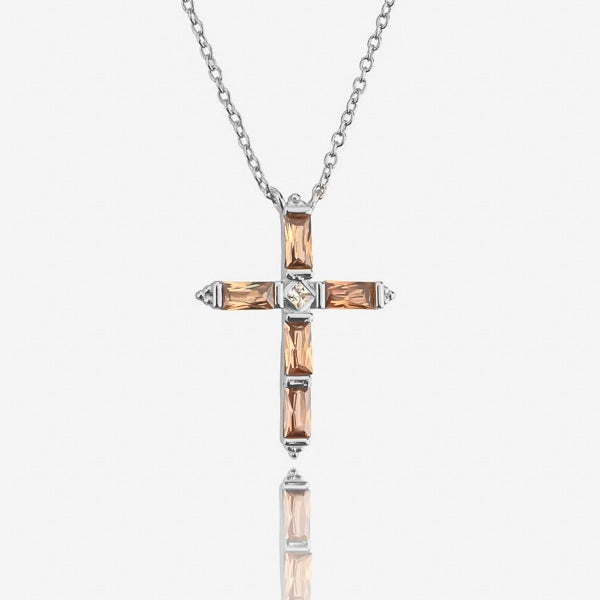 Cognac crystal cross on a silver necklace details