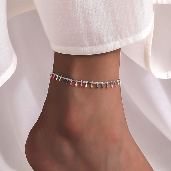 Multicolor charm anklet on woman's ankle