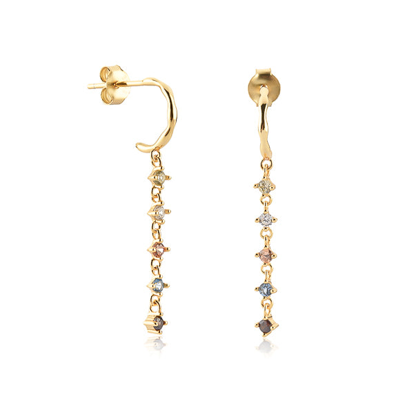Gold colorful cubic zirconia drop chain hoop earrings