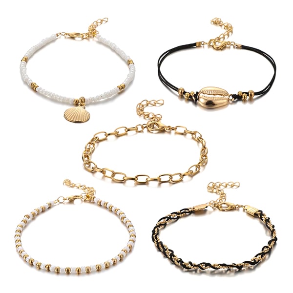 Cowrie shell & seashell anklet set in black, white, and gold colors