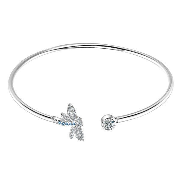 Dragonfly cuff bracelet with silver plating and blue cubic zirconia