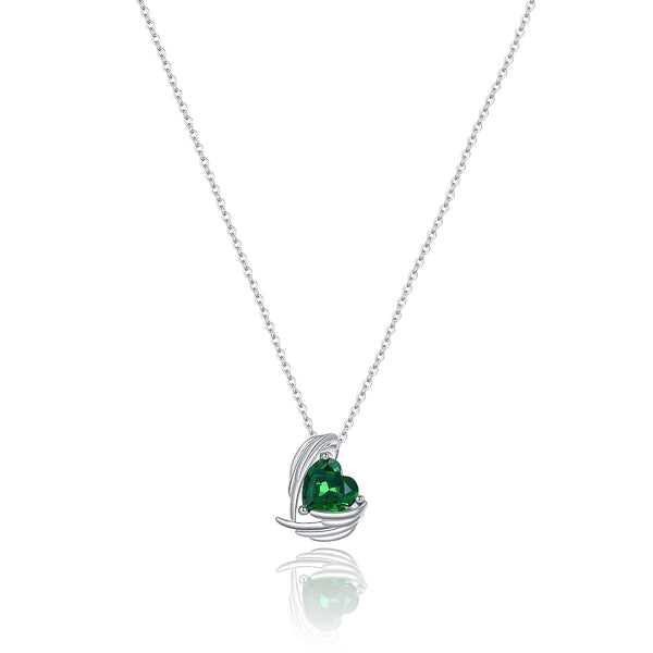 Emerald green crystal heart and angel wings pendant on a silver chain