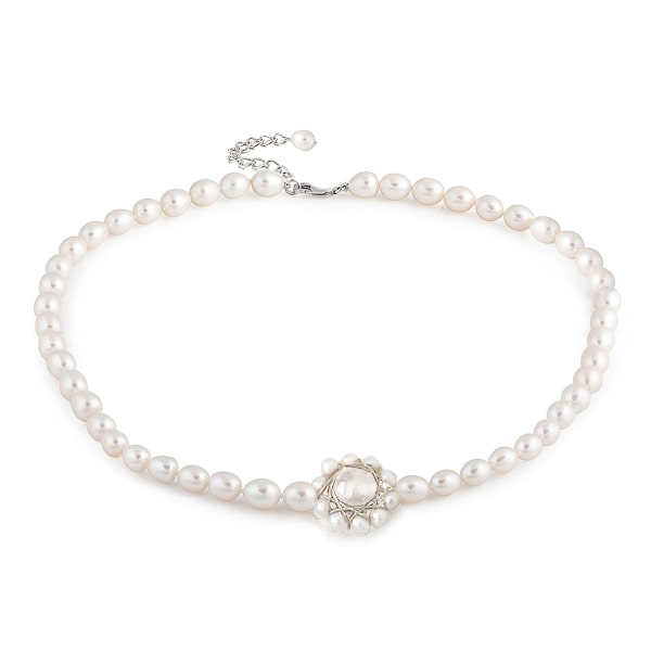 3-4mm oval pearl choker necklace with a flower ornament