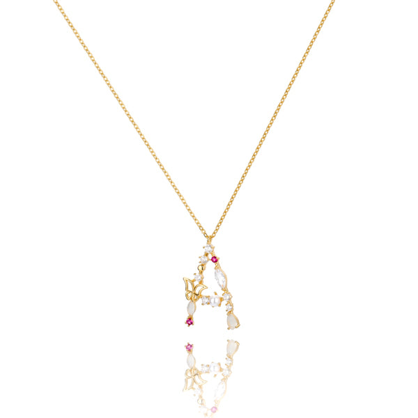Girly initial necklace with gold butterflies and pink and white lab diamonds, opals, and pearls