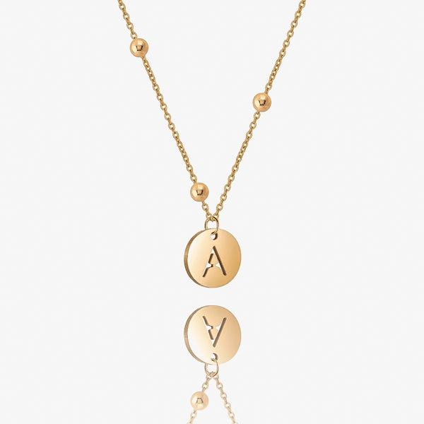 Gold initial letter disc necklace with bead chain