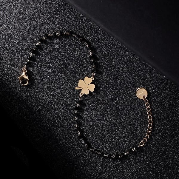Waterproof gold clover bracelet made of stainless steel and black beads