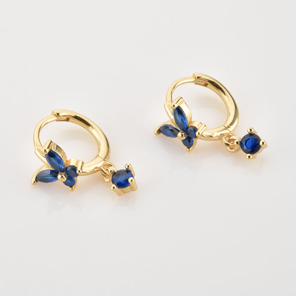 Gold and blue crystal butterfly huggie hoop earrings details