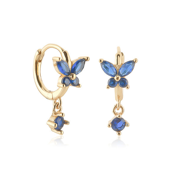 Gold and blue crystal butterfly huggie hoop earrings