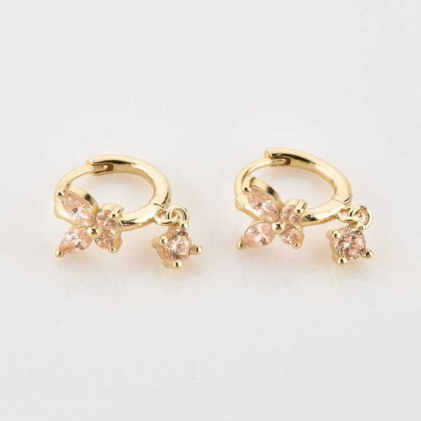 Gold and champagne crystal butterfly huggie hoop earrings details