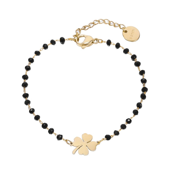 Gold clover bracelet with black beads