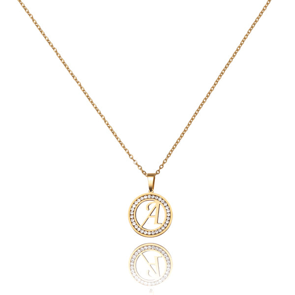 Gold initial coin necklace with crystal halo