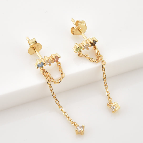 Gold colorful cubic zirconia drop chain stud earrings
