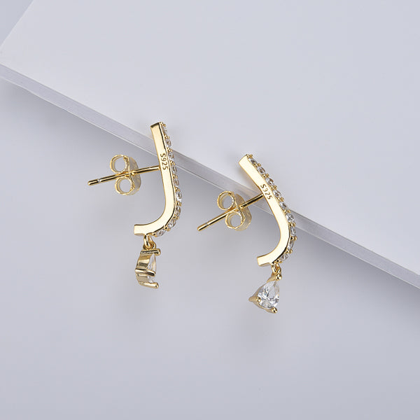 Gold curved bar earrings with teardrop charm