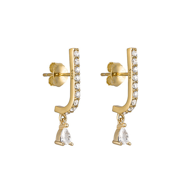 Gold curved bar teardrop CZ earrings