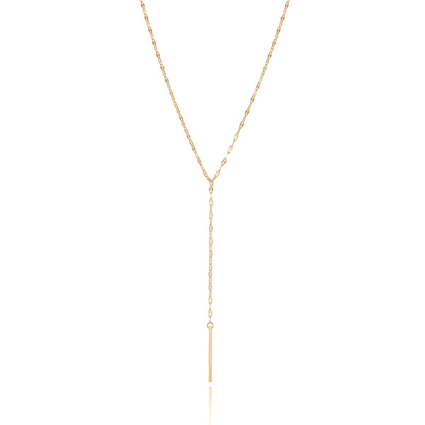 Gold drop lariat necklace with a vertical bar pendant