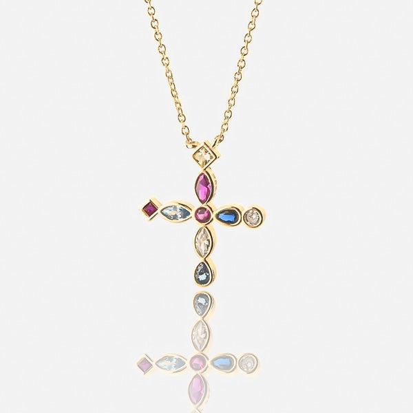 Gold Greek crystal cross necklace details