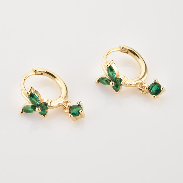 Gold and green crystal butterfly huggie hoop earrings details