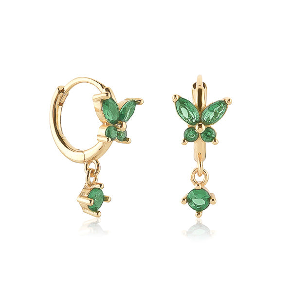 Gold and green crystal butterfly huggie hoop earrings