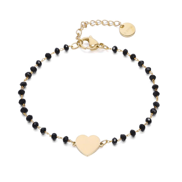 Gold heart bracelet with black beads
