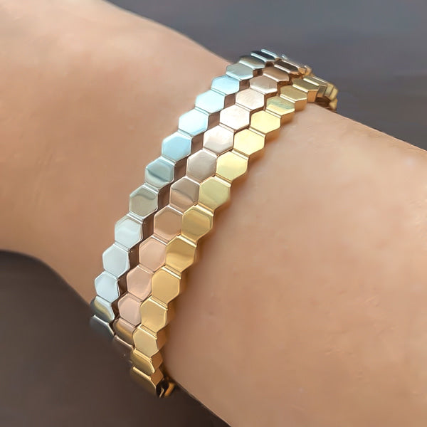 Stacked hexagon bangle cuff bracelets in gold, rose gold, and silver color
