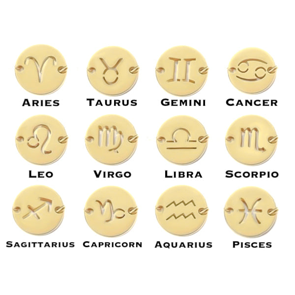 Gold horoscope bracelet with all twelve star signs carved on gold plate