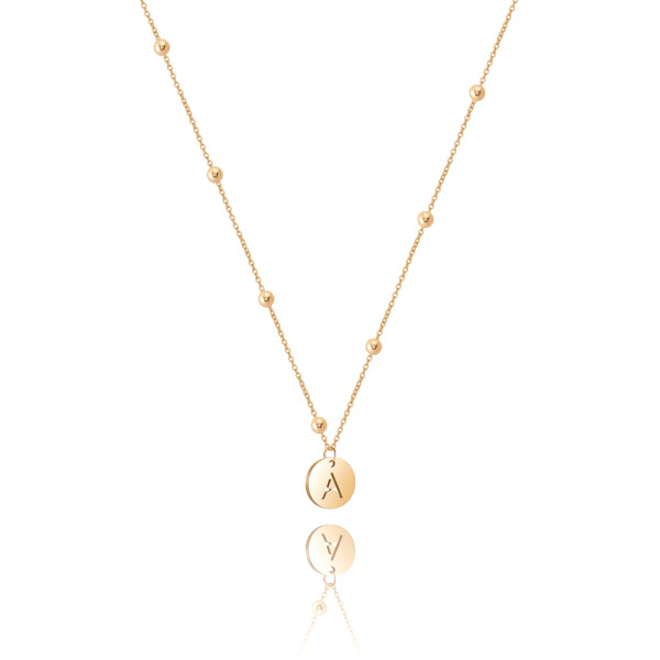 Gold initial disc necklace with beads