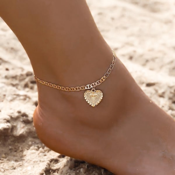 Gold initial letter ankle bracelet with heart charm