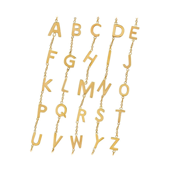 Gold initial letter charms attached to a chain necklace