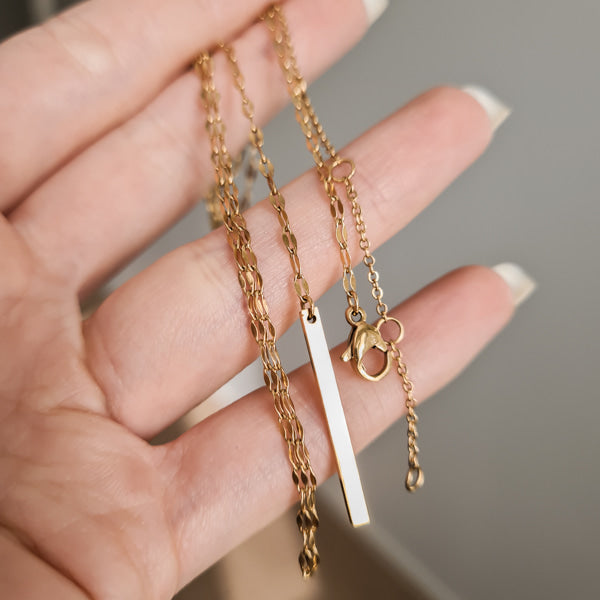 Gold lace chain drop bar lariat necklace